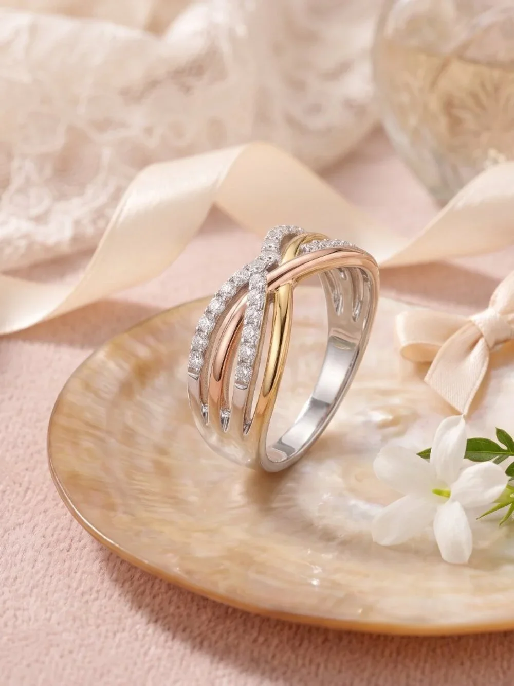 Sterling Silver 925 Tricolor Infinity Crossover CZ Ring Rose Gold Dainty Sz 7
